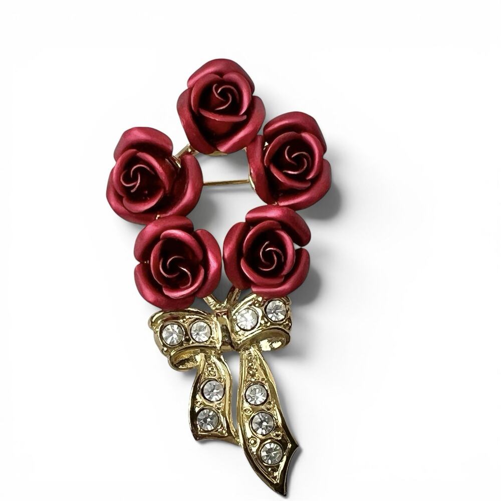 Brooch Red Roses Layered Petals Satin Finish Rhinestones Gold Tone Elegant Vtg